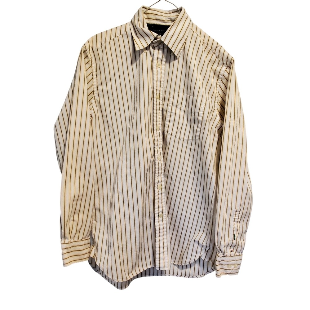 Tommy Hilfiger Mens Striped Button Down Shirt 80s Two Ply Cotton Tan White S